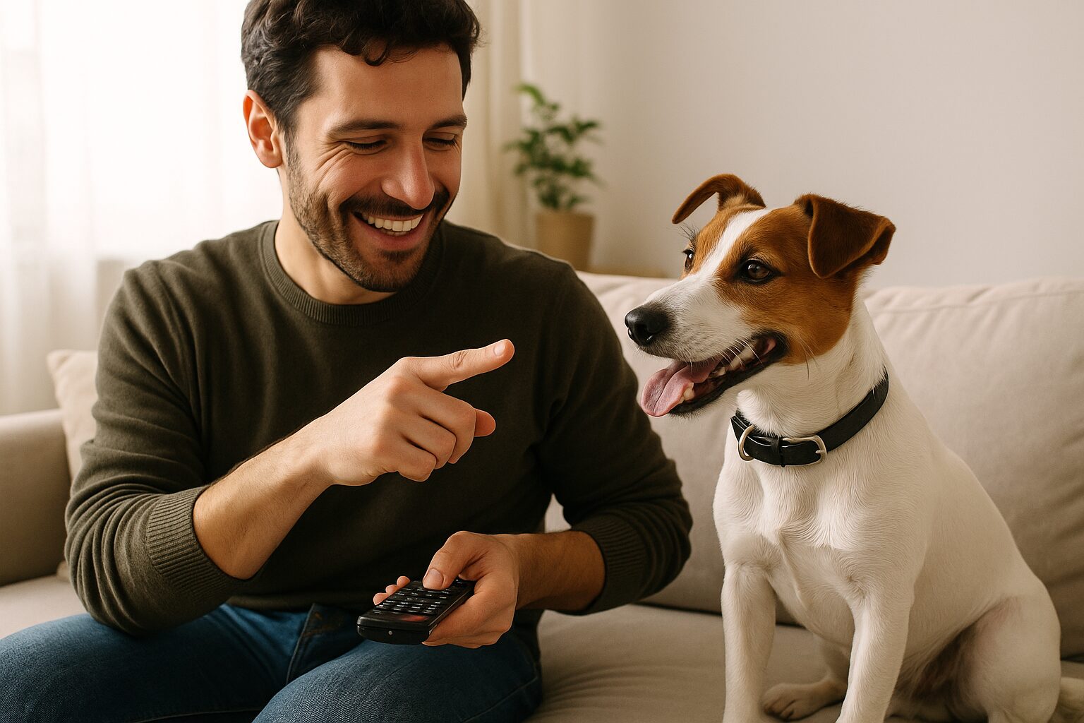A man watching TV with his dog