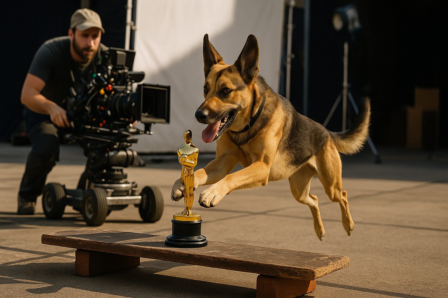 A german shepard acting on a movie set