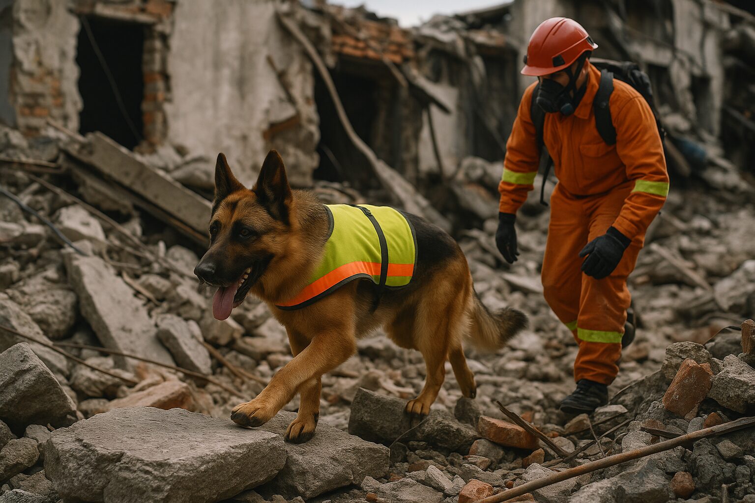 Rescue dogs amongst ruins, wearing an yellow vest